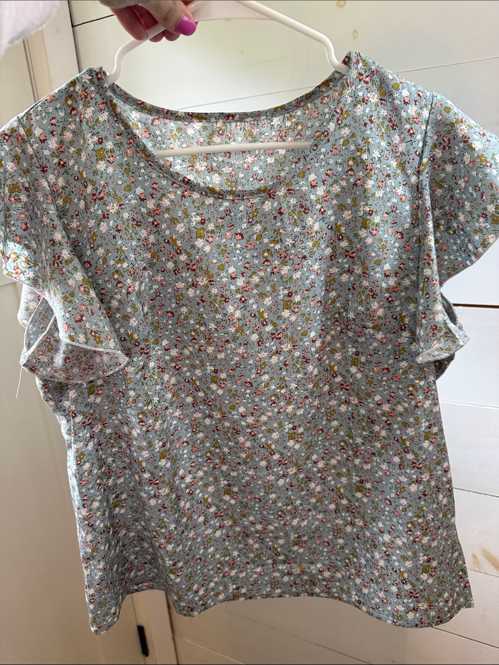 Light Blue Floral Ruffle Sleeve Blouse - Women's Top